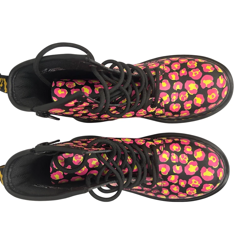 Dr Martens Docs Leopard Print Leather Boots Kids Lace Up Zip Hot Pink Yellow S 2 - Image 3 of 4