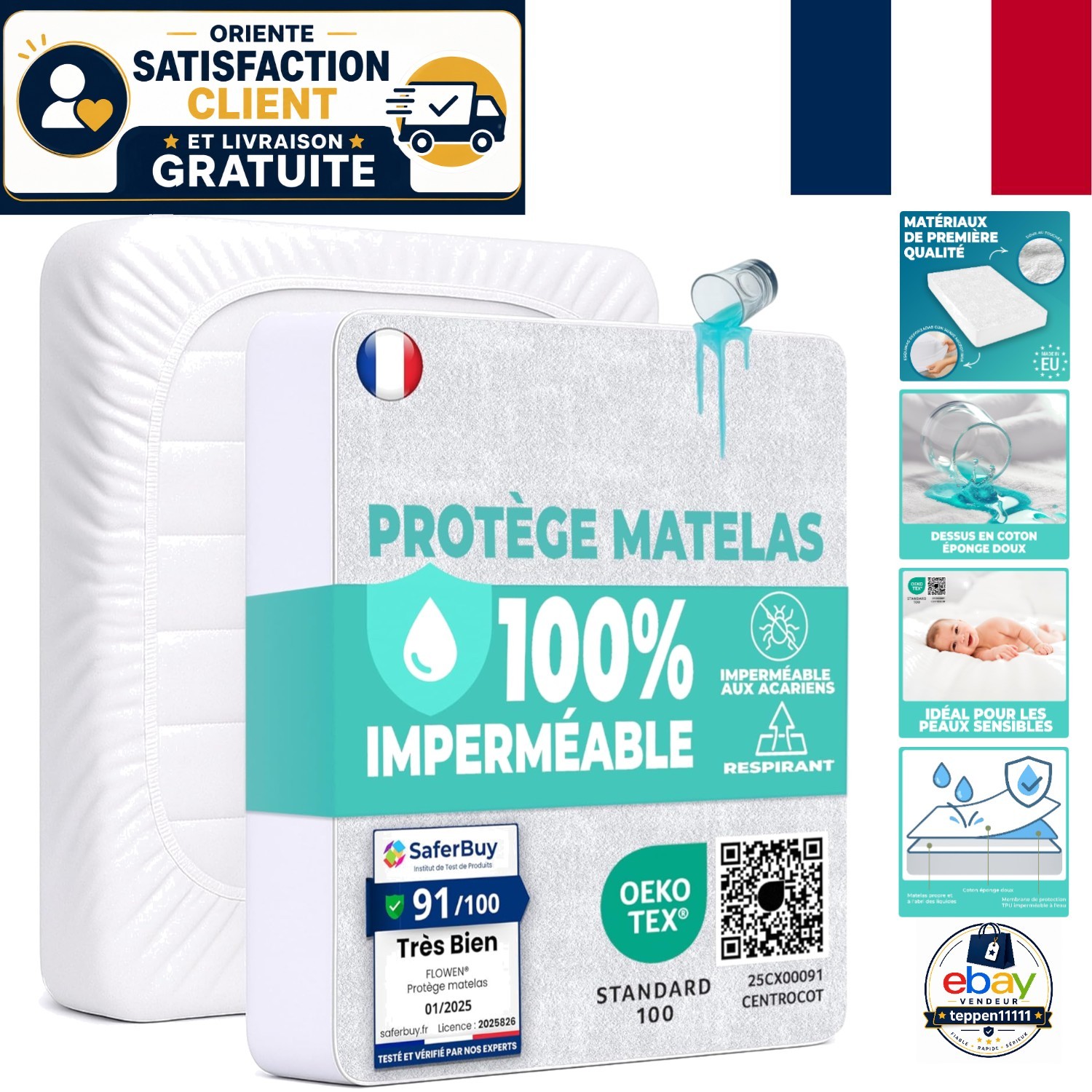 Protège-matelas bébé 60x120 cm imperméable et lavable en coton blanc Flowen