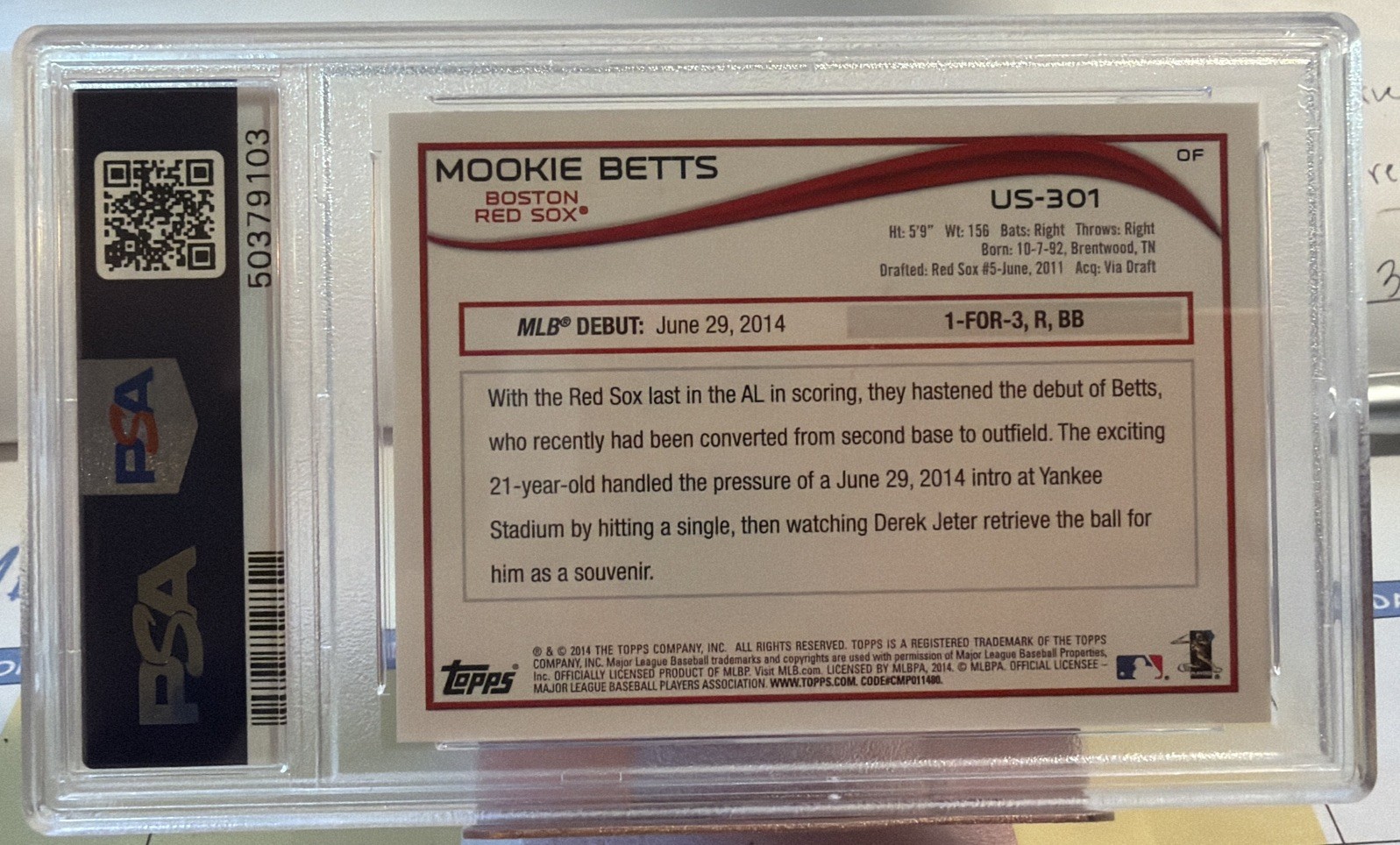 2014 Topps Update #US-301  Mookie Betts  Rookie -PSA 9 view 2