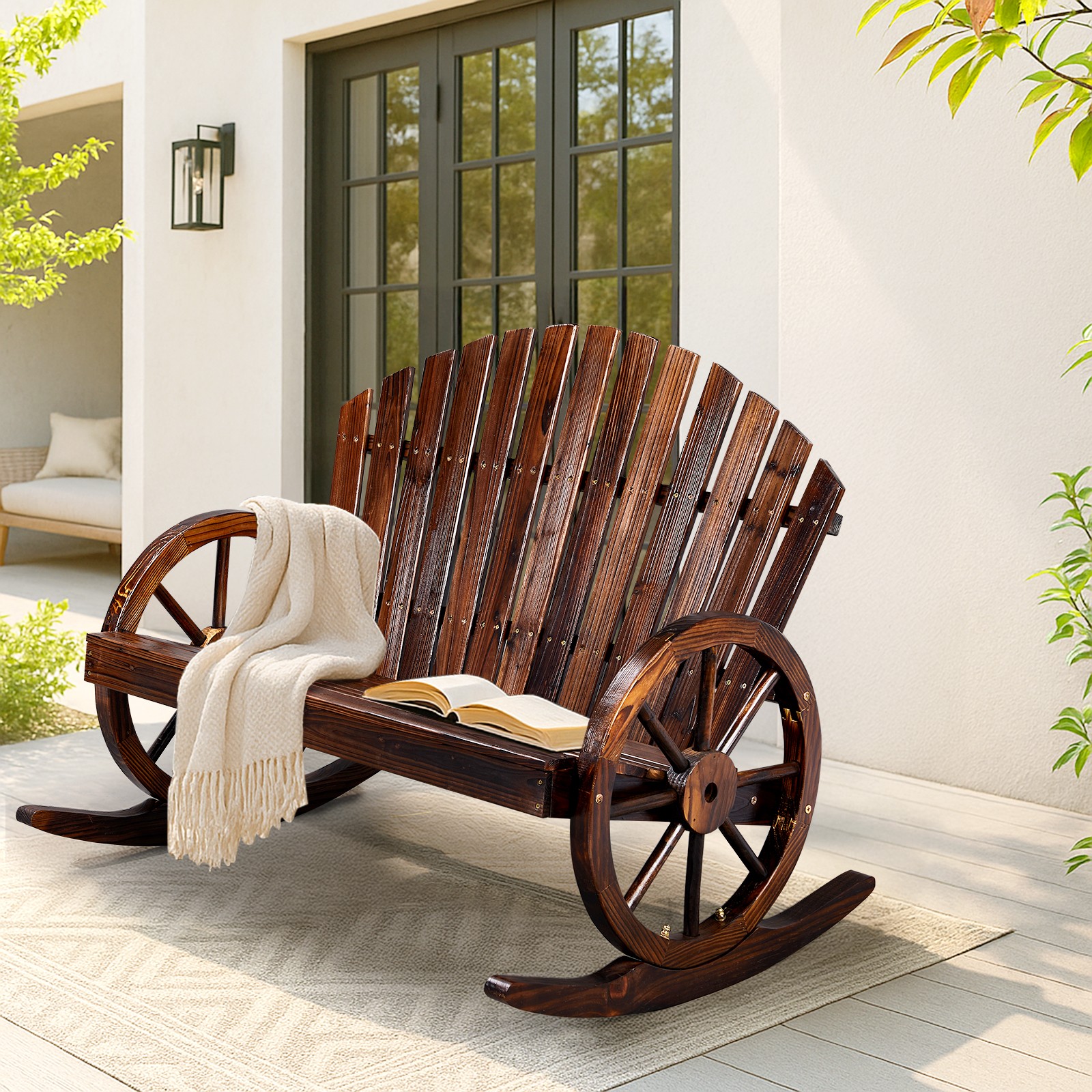 36in In/Outdoor Rustic Wooden Wagon Adirondack Rocking Chair with Back, Armrest