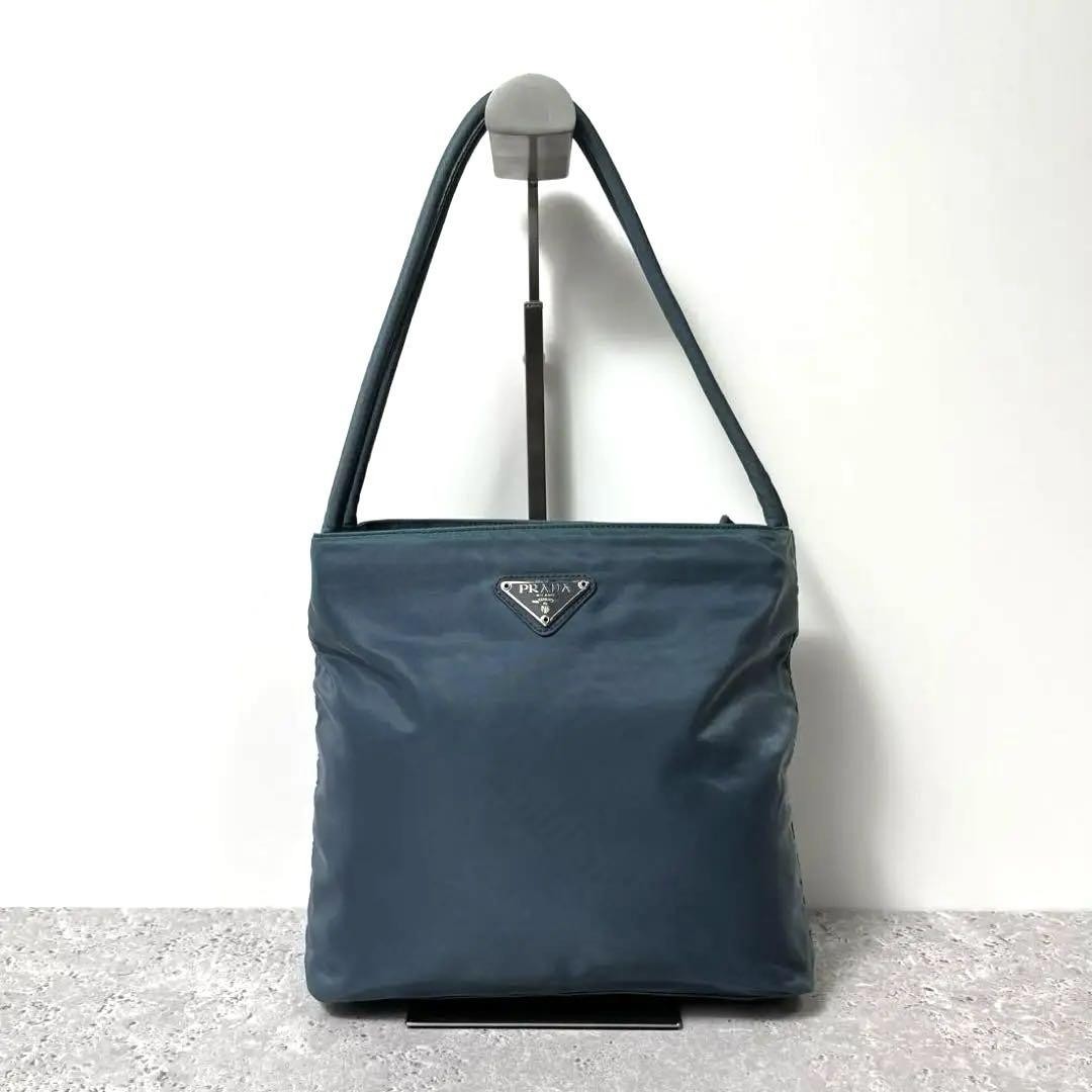 Prada Nylon Blue Triangle Logo Tote Bag Handbag From Japan