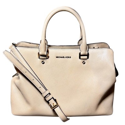 Michael Kors Beige Saffiano Leather Satchel Handbag Gold Hardware Neutral Tote