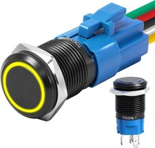 16mm Latching Push Button Switch 12V DC IP65 Waterproof ON OFF Black Shell LED