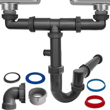 1-1/2" Double Sink Drain Pipe Kit with P-Trap, Wall-Outlet, Complete Plumbing Re