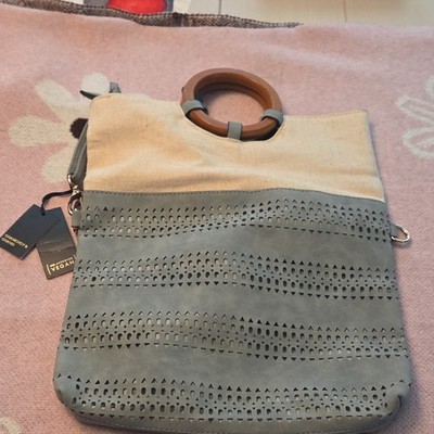 Gramercy & Grand Top Handle Vegan Bag Gray Beige Wood Handle Detachable Strap
