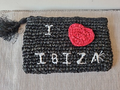 Damen Bast Clutch (Ibiza Bagus) I Love Ibiza Schwarz Weiß, Neu
