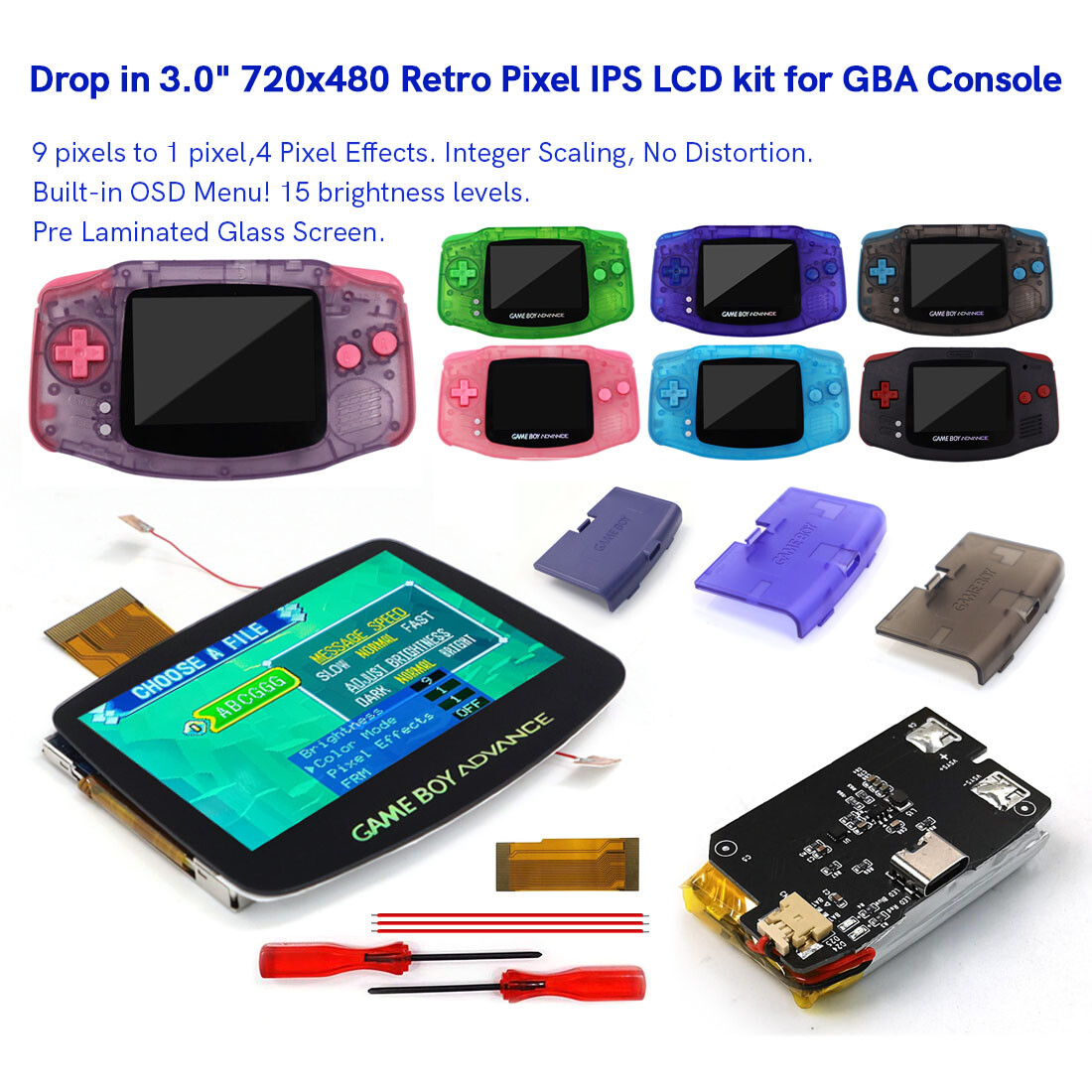 Hispeedido GBA IPS V5 LCD Kits W/ 1800mAh batteries W/shell for