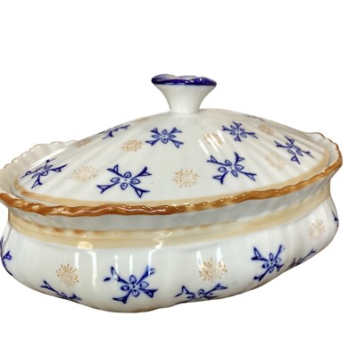 Vintage Blue & Gold Serving Dish Platter Bowl Vegetable Fruit Tray Floral Cerami