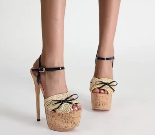 Mujer Verano Peep Toe Moño Tejido Sandalias Playa Moda Vestido Zapatos Tacón Alto - Imagen 2 de 12