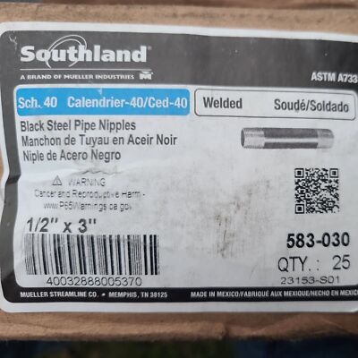 (25 Pack) Southland Black Steel Pipe Nipple, Sch 40, 1/2'' x 3'', 583-030