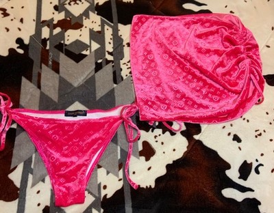 Louis Vuitton Pink Monogram Velvet 2pc Triangle Bikini Side-Tie + Wrap Skirt