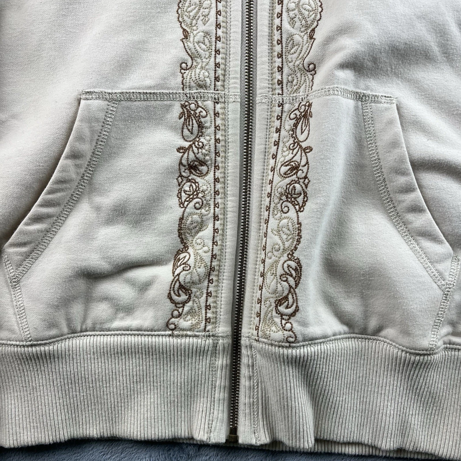 OFF WHITE Felpa foderata in pile Eddie Bauer con cappuccio panna beige ricamata accogliente taglia XL