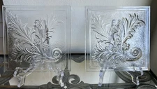 Pair of Antique Addison Glass Pressed Window Pane Tiles: Clear Acanthus Leaf 5”