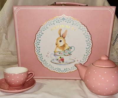 Pink Porcelain Tea Set with Rabbit Character, Teapot, Cups, Saucers, Sugar Bowl