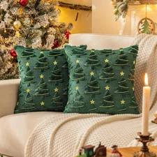 Christmas Tree Decorative Green Throw Pillow Covers 18X18 Set of 2, Faux Fur 
