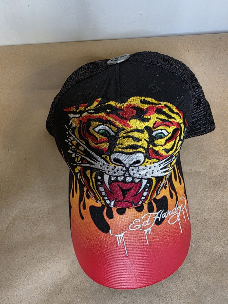 Ed Hardy Hat Cap Snap Back Black Tiger Graphic Mesh Trucker Mens