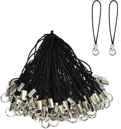 100 PCS Cell Phone Charm Strings with Split Ring, Black, 2.4"