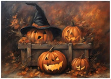 Vintage Halloween Pumpkins Witch Hat Autumn Art Poster