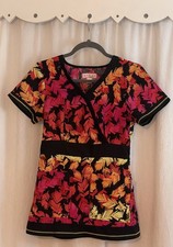 KOI By Kathy Peterson Women  s S Red Colorful Leaves Scrub Top 100 Cotton