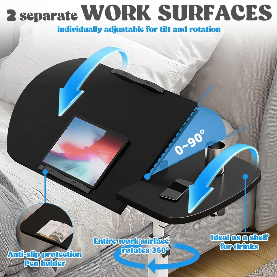 Verstellbarer Laptop-Tisch mit neigbarer, geteilter Schreibfläche, Rollen und... - Bild 4 von 4