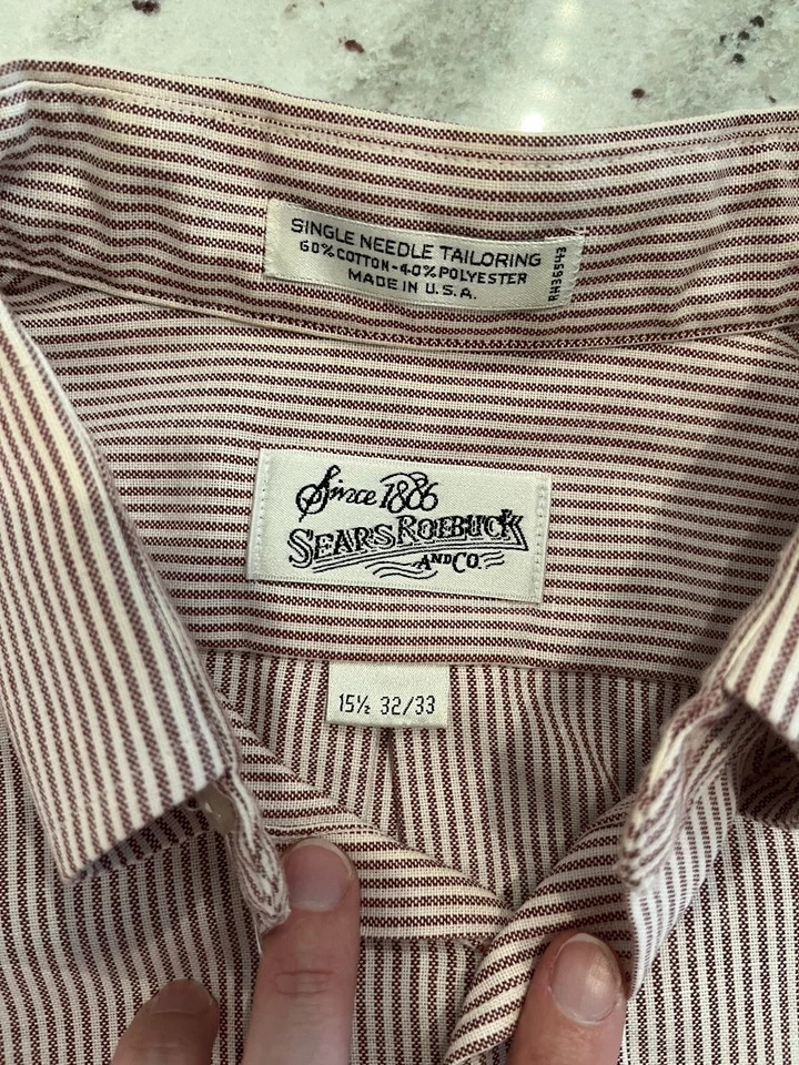 Sears Roebuck 复古 80 年代美国制造男式纽扣 15.5 32/33 红色棕色条纹工作 — 第 3/4 张图片