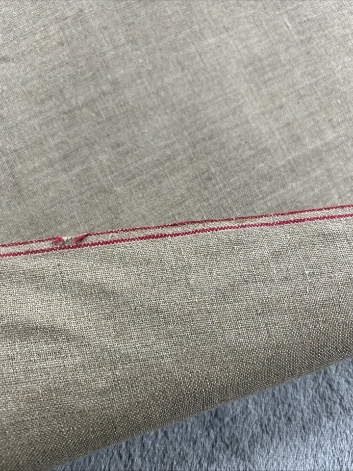 Lino crudo natural italiano vintage con borde bordado rojo 3 yd x 53" DEFECTUOSO Foto 3 de 4