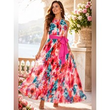 Eliza J Watercolor Floral Pleated Maxi Dress Pink Sash Halter 16W Plus
