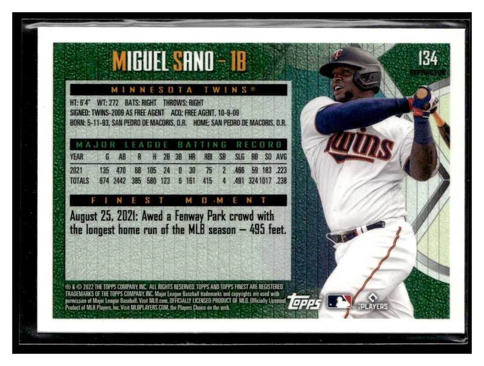 2022 Topps Finest Flashbacks #134 Miguel Sano Refractor Twins - Image 2 of 2