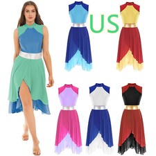 US Women Lyrical Dance Dress Sleeveless Asymmetrical Hem Leotard Dress Ballroom