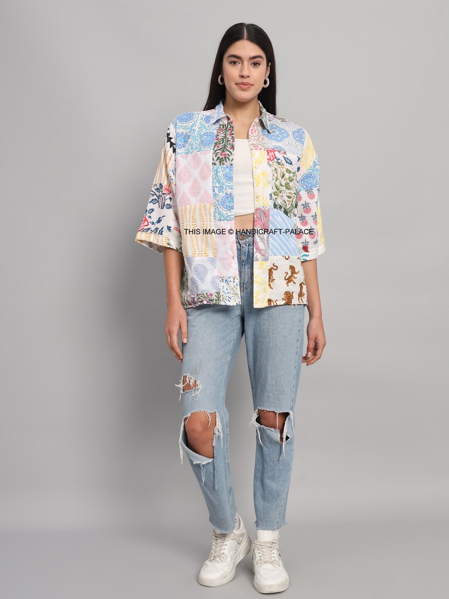 Women's Indian Patchwork Cotton Oversized Shirt - Vibrant