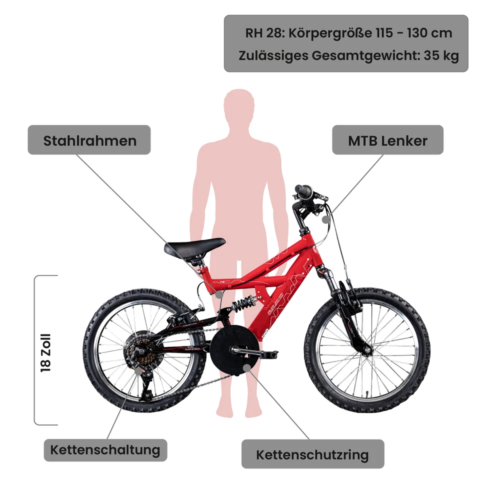 Galano FS180 18" Fahrrad 6 Gang Kinderfahrrad Mountainbike MTB rot 28cm - Bild 2 von 4