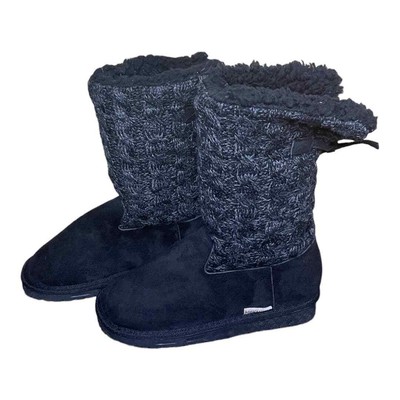 Muk Luks Cozy Black Knit Bow Tie Lined Winter Boots Comfy House