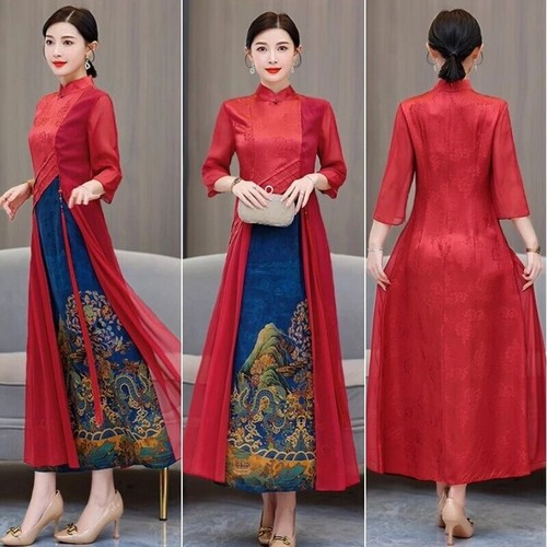 Lady Irregular Printed Long Qipao Cheongsam Dress 3/4 Sleeve Elegant Chinese - Picture 4 of 6