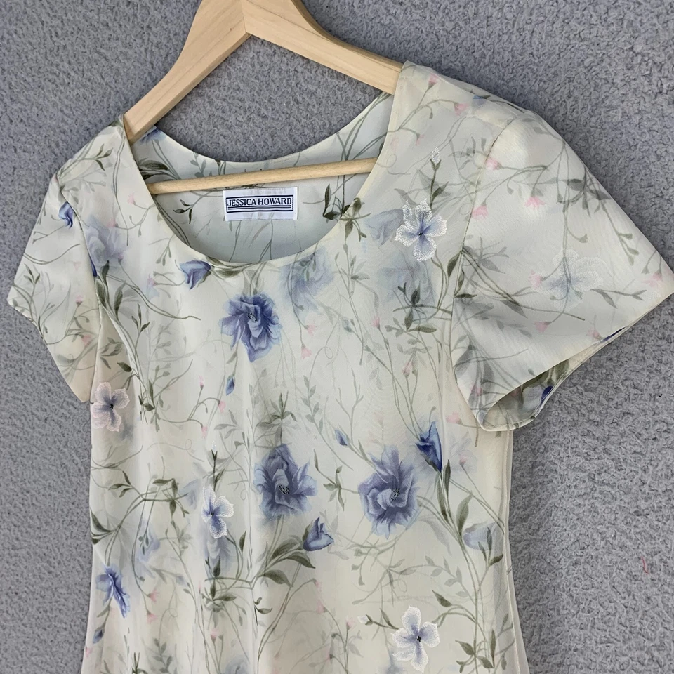 Jessica Howard Dress Shift Georgette Ivory Delicate Floral Sheer Layered - Image 2 of 4