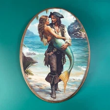 PIRATE AND MERMAID WOODEN DECOR, Romantic Ocean Wood Plaque, Fairytale Art Wall