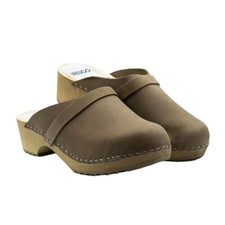Swedish wooden clogs made of natural nubuck leather and wooden sole with stripe