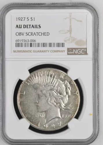 RARE AUTHENTIC 1927 S PEACE DOLLAR $1 SILVER COIN NGC AU DETAILS OBV SCRATCHED