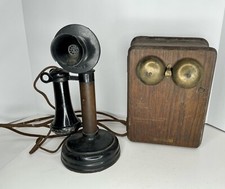 Atq Kellogg Bakelite & Metal Candlestick Phone Wooden Bell Ringer Box For Parts