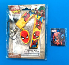 Marvel Spider Man Lanyard Key Chain ID Holder  Charm  Button Badge Bin Set 2
