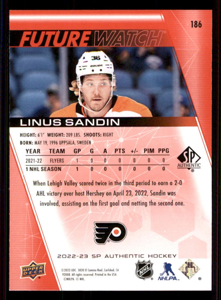 2022-23 SP Authentic Limited Red #186 Linus Sandin FW - Image 2 of 2