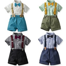 Boys Short Sleeve Shirt Cotton Suspenders ShortsTwo-piece Set 1-5Y