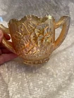 Imperial glass open sugar bowl. marigold carnival. Pansy design. Sawtooth edge.