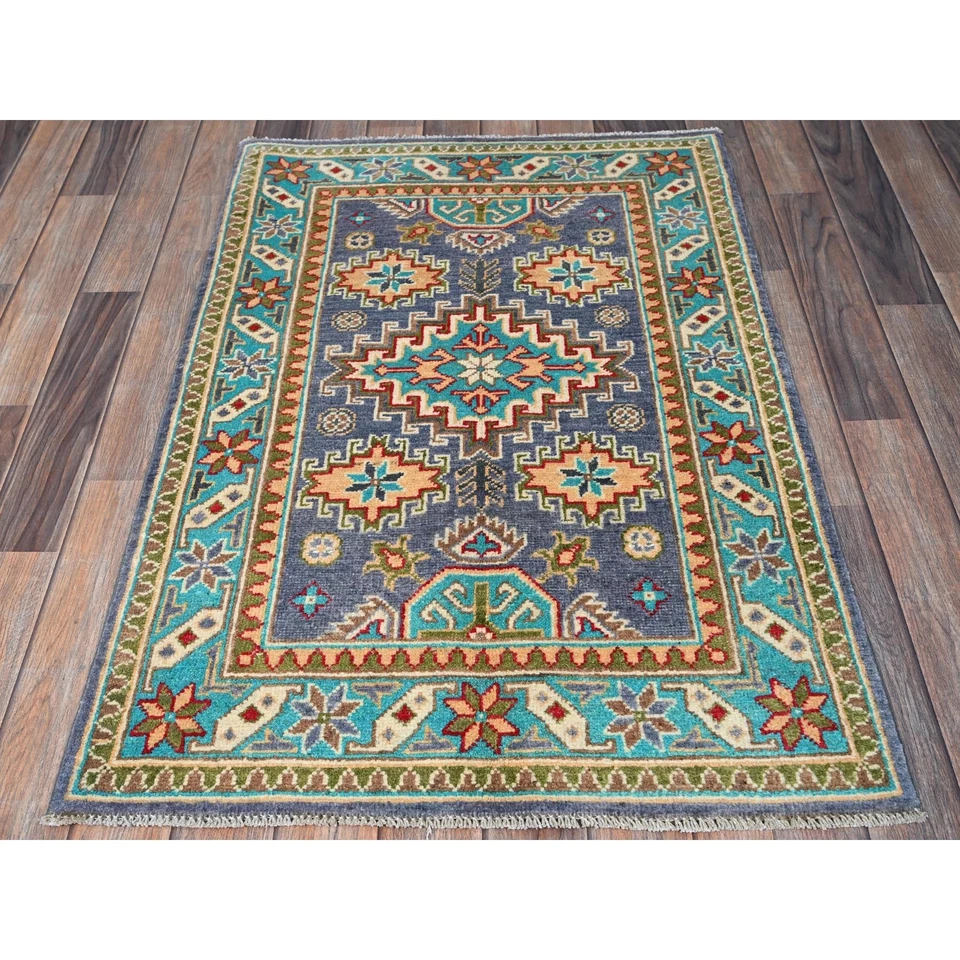 2'8"x4' Purple Kazak Geometric Design Hand Knotted Soft Wool Sample Rug R395 - Image 2 of 4