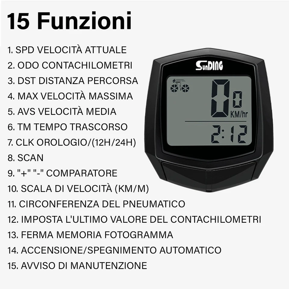 CONTACHILOMETRI TACHIMETRO BICI IMPERMEABILE BICICLETTA MTB 15 Funzioni - Immagine 3 di 4