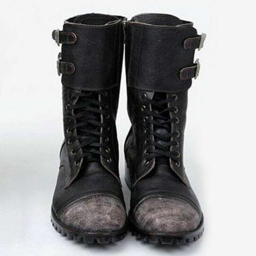 Men's Cowboy Military Punk Comfortable Leather Buckle Combat Mid Calf Army Boots - Picture 6 of 9