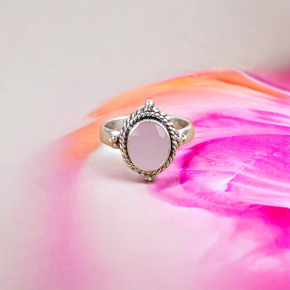 Anel feminino de pedra preciosa natural calcedônia rosa prata esterlina 925 presente - Imagem 4 de 4