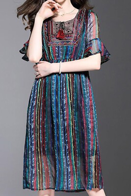 chiffon dress mid neck Women's Chiffon Dress V Neck Short Sleeve Blue
