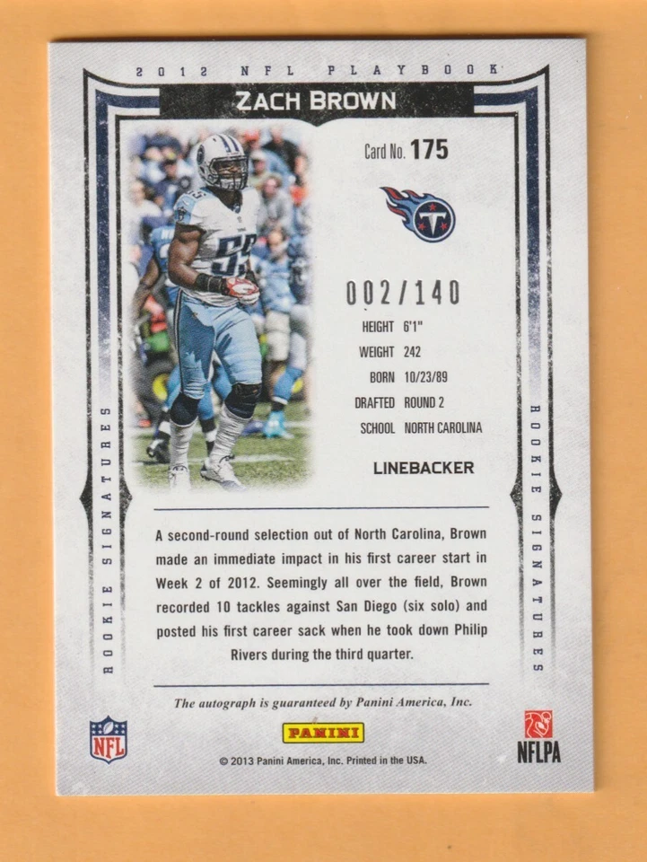 Zach Brown Tennessee Titans AUTO 2012 Panini Playbook #175 /140 North Carolina - Image 2 of 2