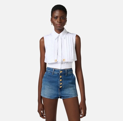 ELISABETTA FRANCHI Camicia cropped in popeline con mantellina CA05351E2 P/E25 - Foto 2 di 5