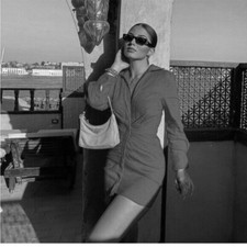 Zara Black Linen Blend Line Ruched Ruffle Front Deep V-Neck Dress Womens Small